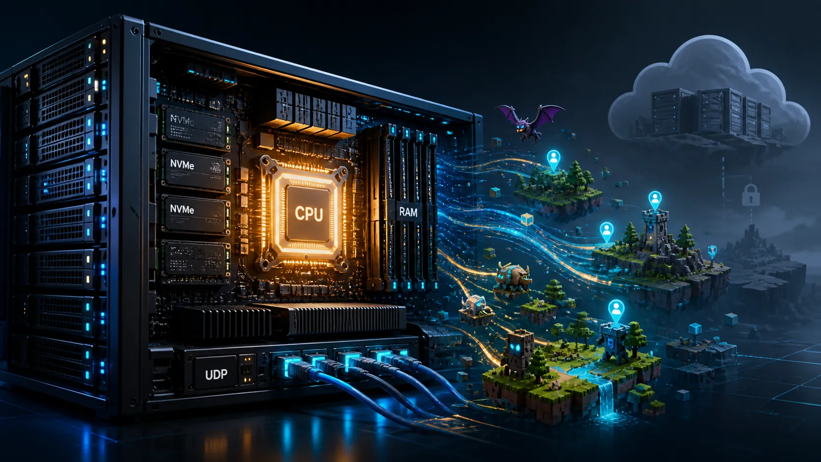 Hytale server hardware with CPU, RAM, NVMe storage, and voxel world performance visualization
